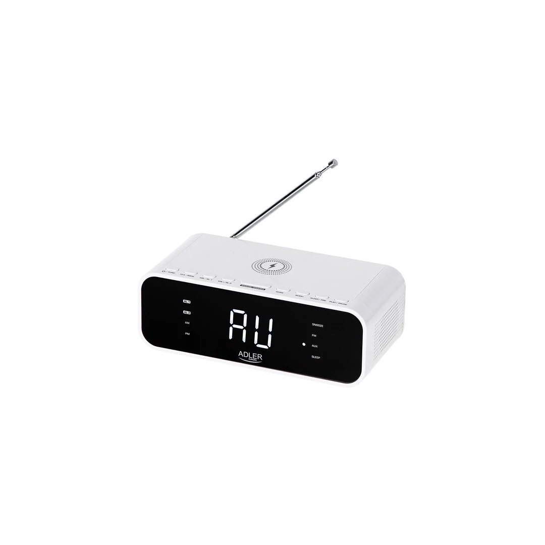 Radio FM cu ceas desteptator, Incarcator wireless, Bluetooth, AUX, USB, Alb, 5 W - 