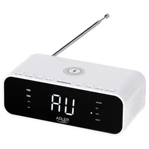Radio FM cu ceas desteptator, Incarcator wireless, Bluetooth, AUX, USB, Alb, 5 W - 