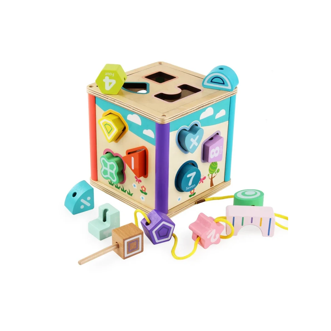 Cub multifunctional din lemn cu forme geometrice si joc de snuruit - 