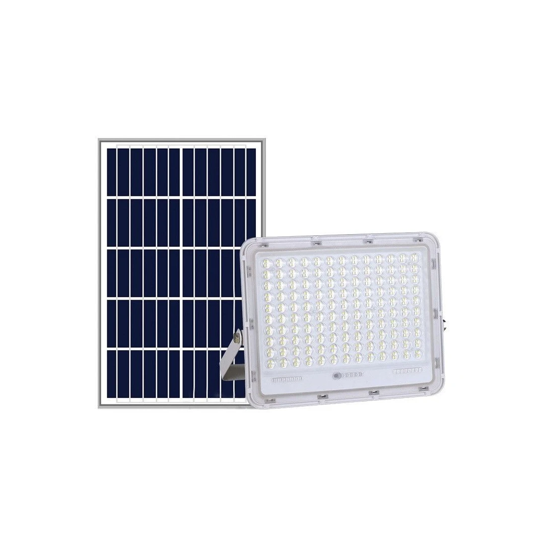 Proiector LED cu Panou Solar eMazing, Senzor de lumina Waterproof, 200W, 29x23 cm, suport U inclus, panou afisaj nivel baterie, telecomand, 220V, Design Modern, Alb - 