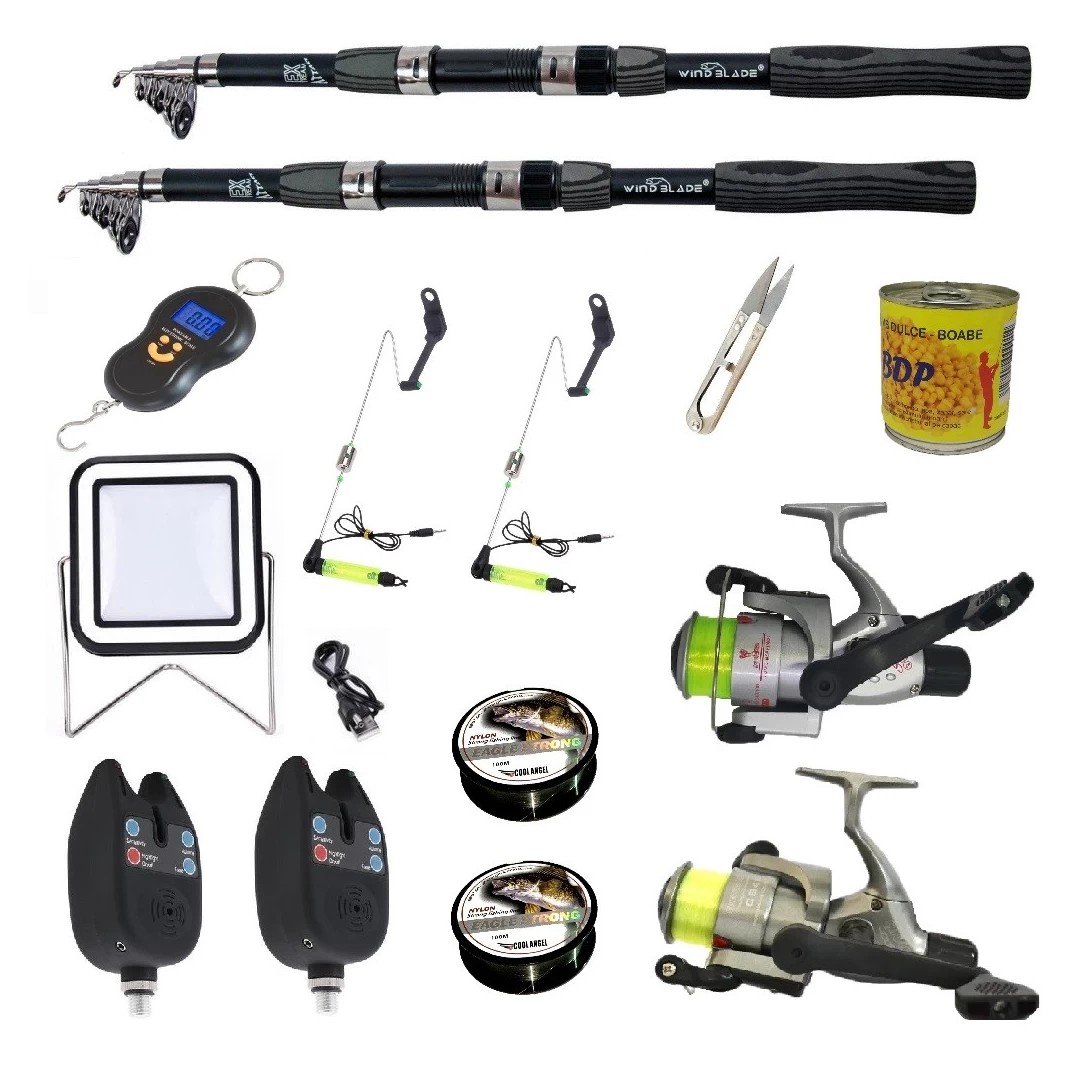 Set complet de pescuit sportiv cu lanseta Wind Blade de 2.4 m, mulinete Cobra, 2 senzori, guta, cantar electronic accesorii - 