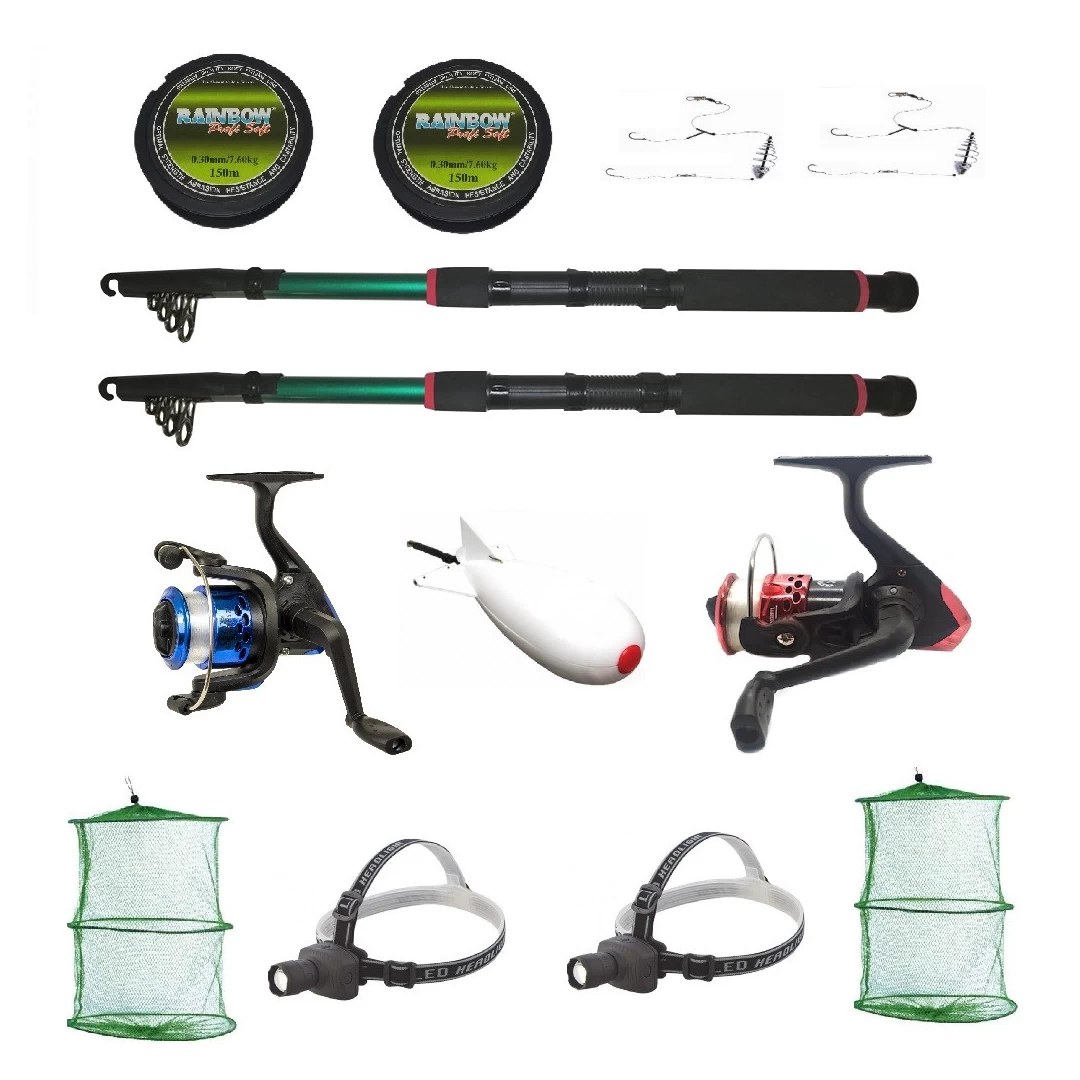 Kit complet de pescuit sportiv pentru doua persoane cu lansete 2,4m, doua mulinete si accesorii - 