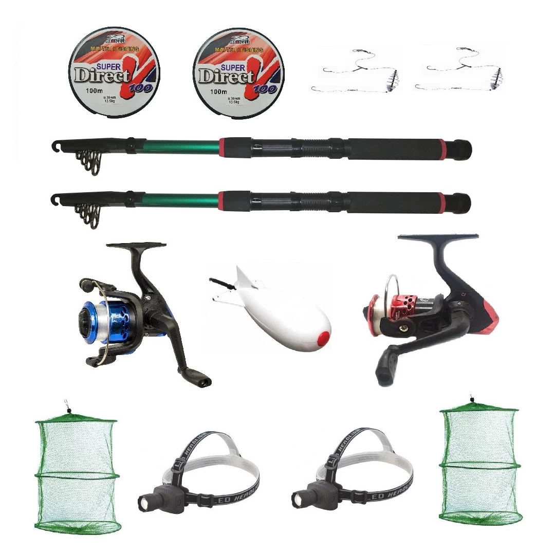 Kit complet de pescuit sportiv pentru doua persoane cu lansete 2,4m, doua mulinete si accesorii - 