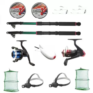 Kit complet de pescuit sportiv pentru doua persoane cu lansete 2,7m, doua mulinete si accesorii - 