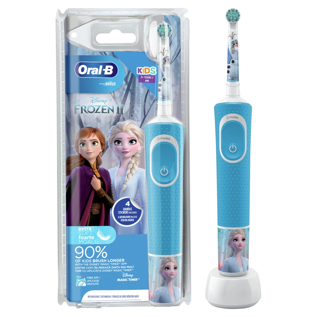 Periuta de dinti electrica Oral-B D100 Vitality Frozen pentru copii 7600 oscilatii/min, Curatare 2D, 2 programe, 1 capat, 4 stickere incluse, Albastru - 