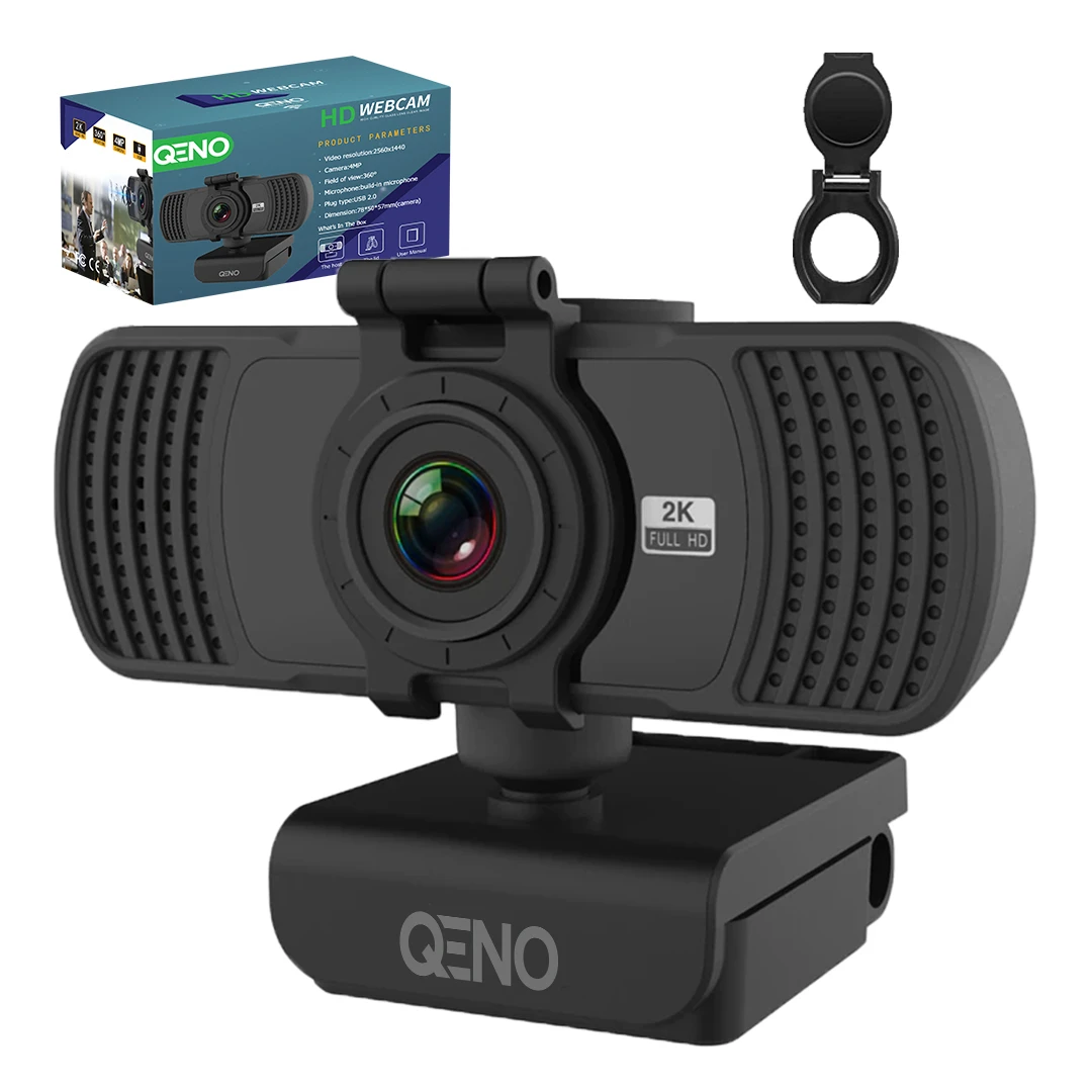 Camera Web Qeno®, Webcam 2K Ultra-HD, Microfon Reducere Zgomot Incorporat, Auto-Focus, Rotatie 360°, Conectare PC/Laptop, Rezolutie 2560 x 1440 30fps, Corectie Automata De Culoare, Negru - 