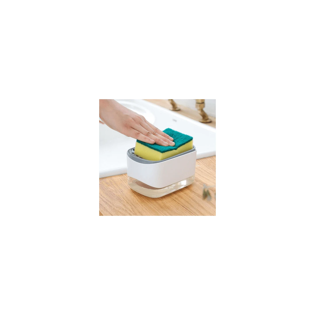 Dispenser Plastic Alb Gri pentru Detergent Lichid cu Suport Burete de Bucatarie & Burete 14x10x8cm - 