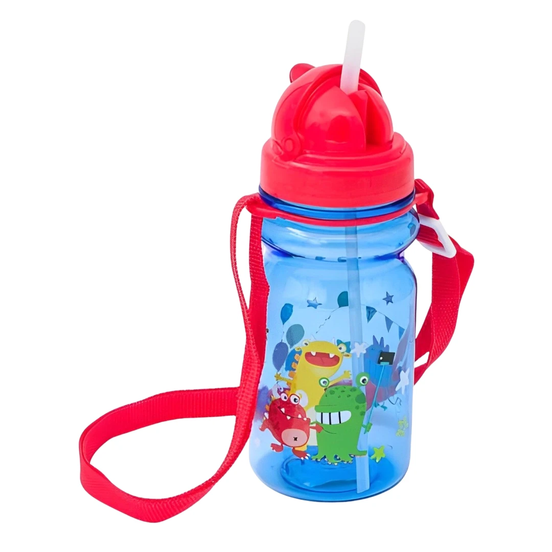 Sticla pentru copii, din plastic, cu pai si capac, 350 ml culoare albastru cu capac rosu - 