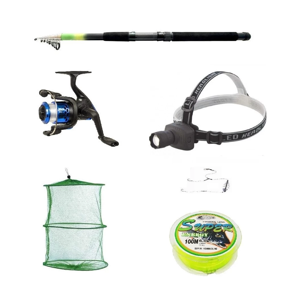Pachet complet pescuit sportiv cu lanseta 3.6m, mulineta, lanterna frontala si accesorii - 
