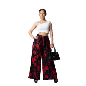 Pantaloni Dama Negri cu Motive Florale Rosii Din Bumbac Subtire Largi De Vara Camila XL - 
