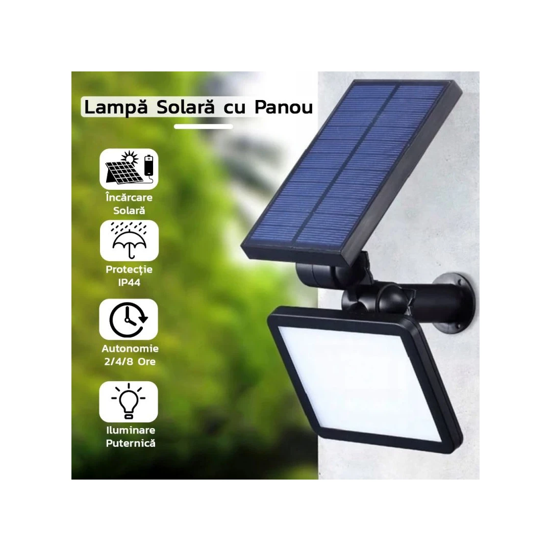 Lampa solara pentru terasa/gradina 48 de LED-uri eMazing, cu 2 moduri de fixare, senzor de lumina, IP44, material ABS, 5W, 80 lm, 26.5 cm x 14 cm, Alb Rece - 