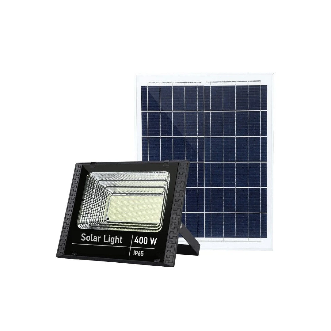 Proiector LED SMD 400W cu incarcare solara eMazing, panou solar, cu telecomanda, suport prindere, material ABS, 12AH, 473 LED-uri, 969Lm, 20x15 cm, negru - 