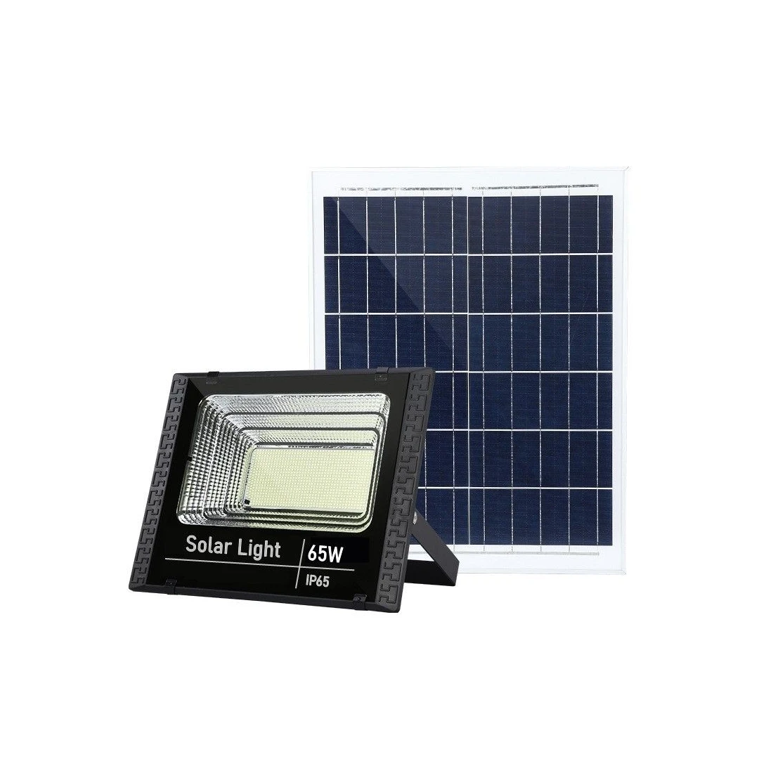 Proiector LED SMD 65W cu incarcare solara eMazing, panou solar, cu telecomanda, suport prindere, material ABS, 3AH, 114 LED-uri, 271Lm, 20x15 cm, negru - 