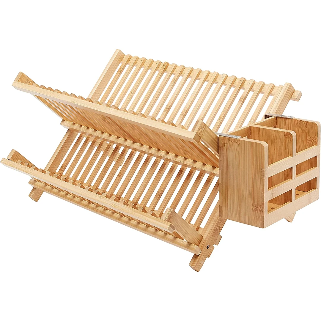 Scurgator de vase din bambus, pliabil, cu 2 nivele si suport tacamuri, 43x31.6x25.5cm - 
