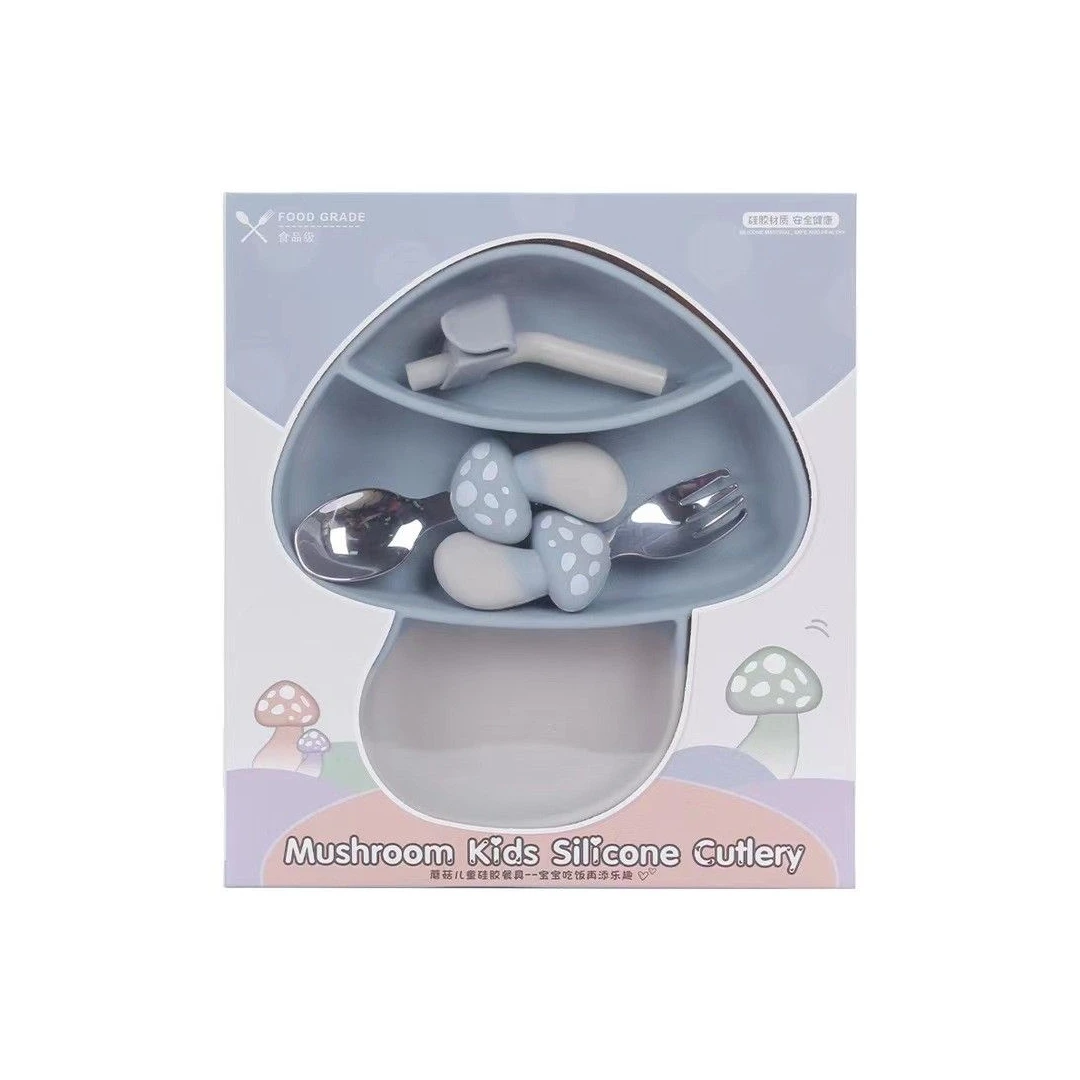 Set diversificare bebelusi eMazing, din silicon, 18 x 19.5 cm, 1 farfurie compartimentata in forma de ciuperca, lingurita, furculita, pai, perie pai - 