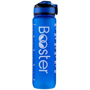Sticla de apa Booster din Tritan, BPA Free, gradata pentru activitati sportive, capacitate 32oz / 1000ml, fitness, sport, drumetii, antrenamente, ciclism, deschidere one click, materiale anticorozive, curea pentru incheietura mainii, Albastru  - 