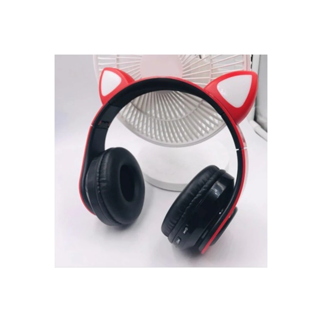 Casti wireless, Urechi de pisica, Bluetooth 5.0, Handsfree, HiFi, Bass Stereo, LED, TF, Radio, Culoare Rosu - 