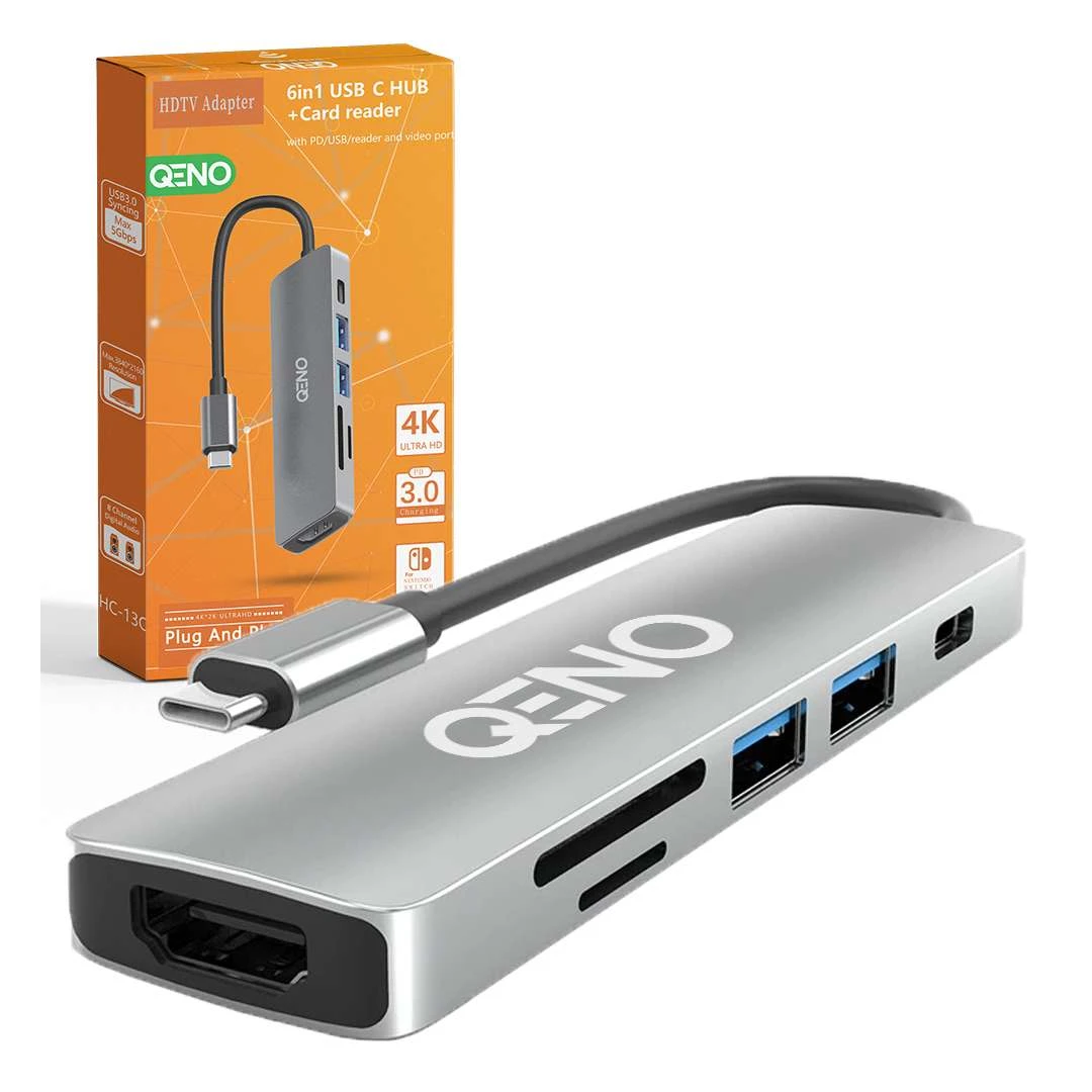 Hub USB 6 in 1 Qeno® Tip C / USB 3.0. Cu Port HDMI 4K, Cu Card Reader, Adaptor Multiport Protectie Supracurent, 4K*2K resolution video, 55W, 480 Mbps, 5 Gbps, Aluminiu, Argintiu - Descoperă Hub-ul USB 6 în 1 Qeno®, o soluție multifuncțională pentru extinderea porturilor tale. Echipat cu port Tip C și USB 3.0, acest hub oferă conectivitate