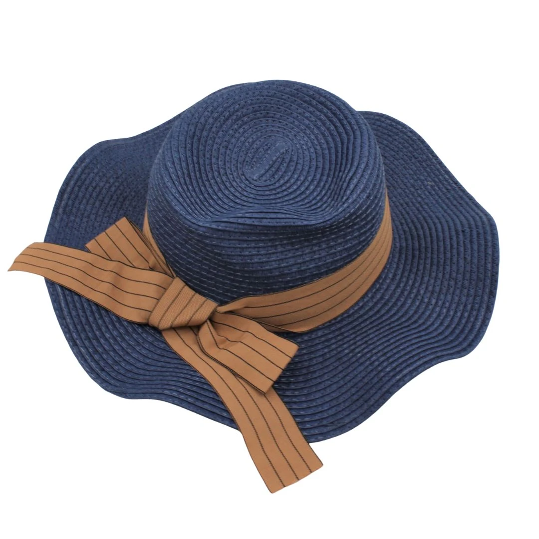 Pălărie plajă damă albastră cu fundă maro - 