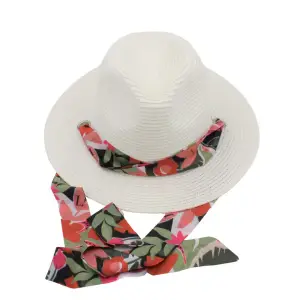 Pălărie plajă damă albă cu eșarfă colorată - 