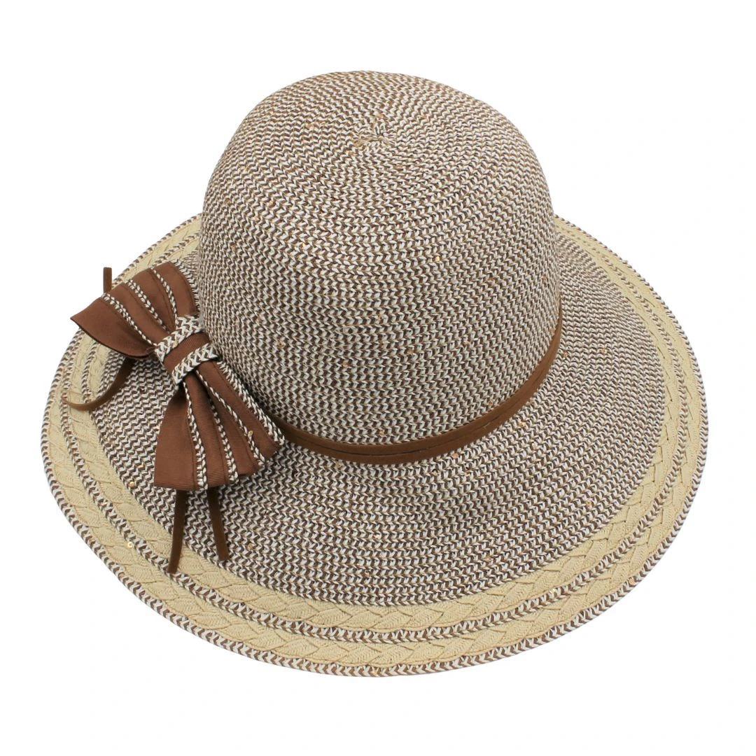 Pălărie plajă damă gri cu fundă maro - 