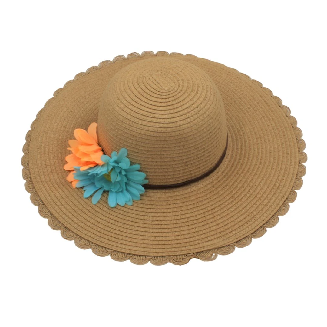 Pălărie plajă damă maro cu flori portocaliu-bleu - 