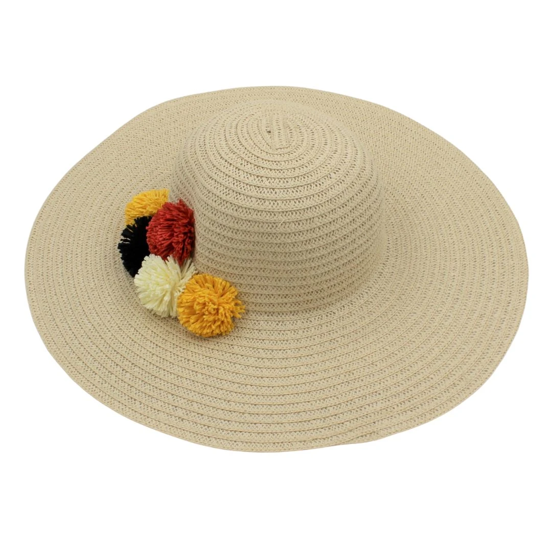 Pălărie plajă damă nature ciucurași multicolori - 