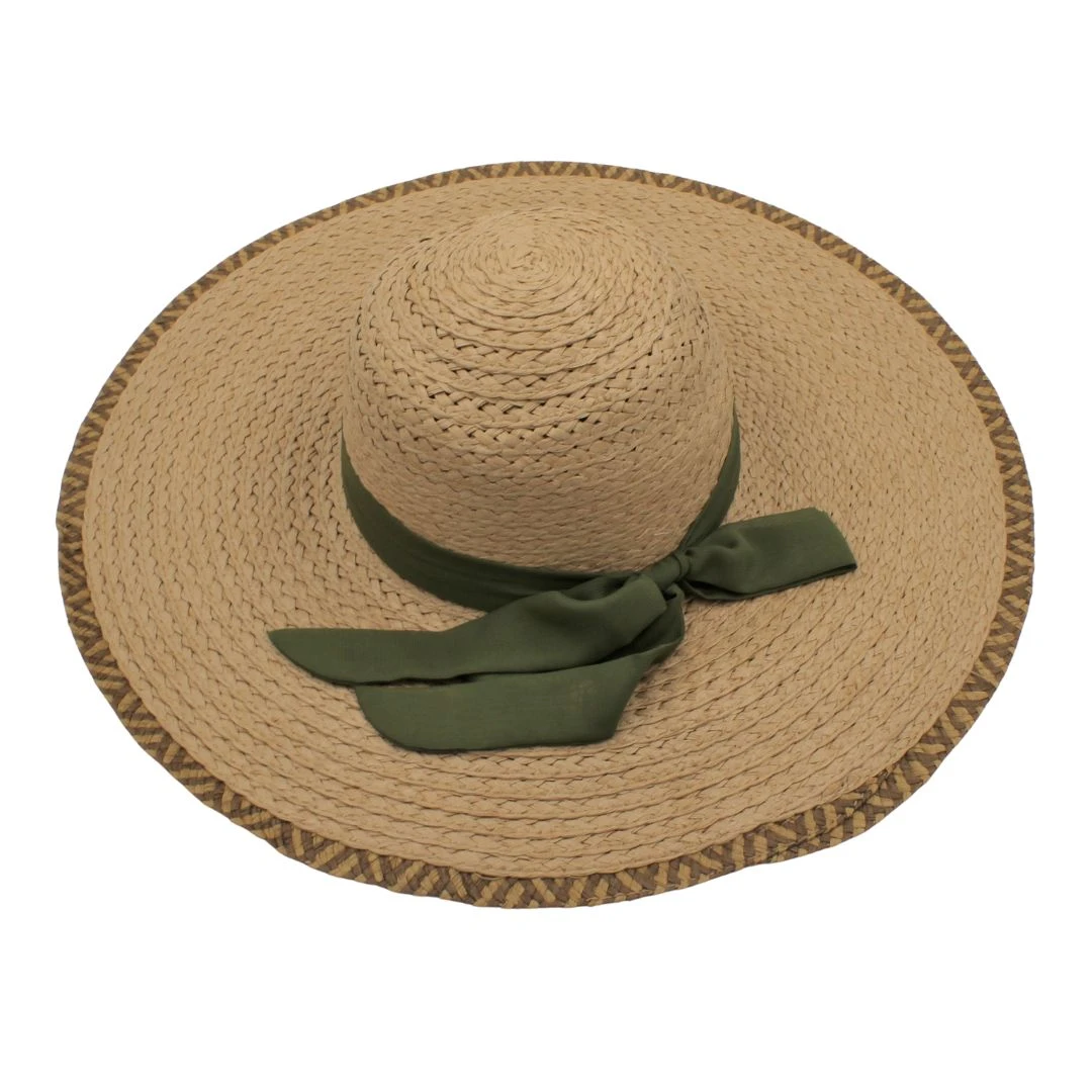 Pălărie plajă damă bej cu fundă verde - 
