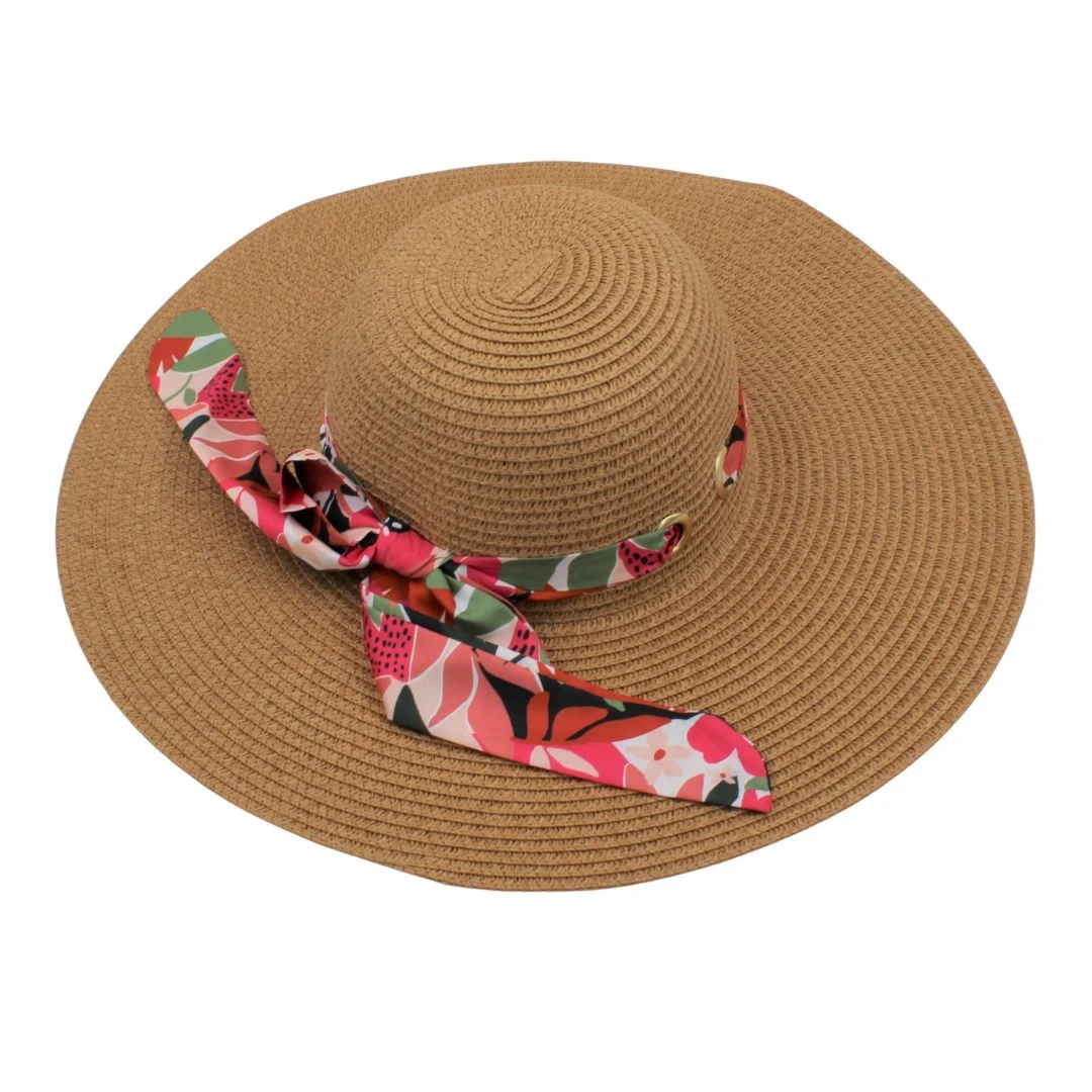 Pălărie plajă damă maro cu fundă înflorată - 
