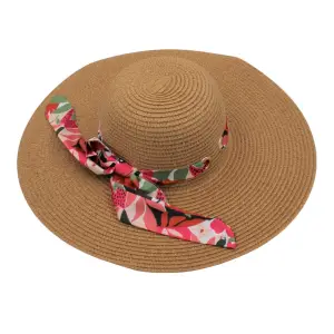 Pălărie plajă damă maro cu fundă înflorată - 