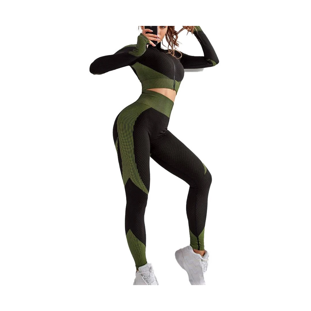Set Fitness modelator din 3 Piese - colanti, bustiera, bluza cu maneca lunga si fermoar, negru cu verde - S - 