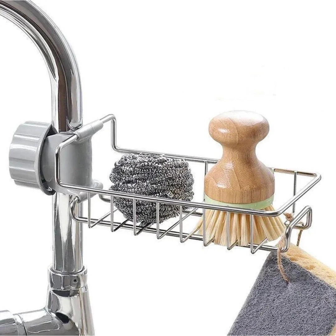 Raft organizator universal pentru bucatarie sau baie, montaj pe robinet, material otel, culoare Argintiu - 