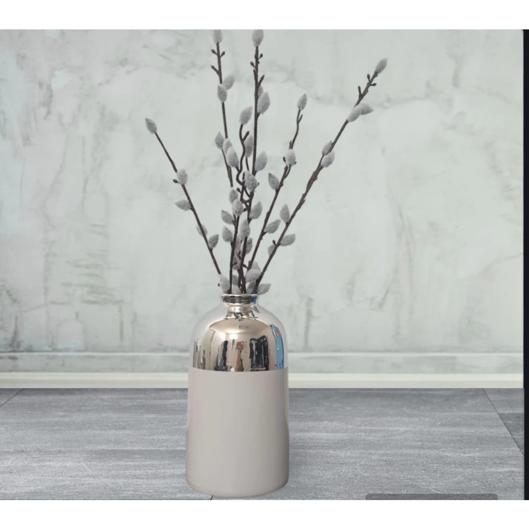 Vaza Decorativa din Ceramica, diametru 10,5cmx20cm, culoare Alb/Argintiu  ABYZ®™ - 