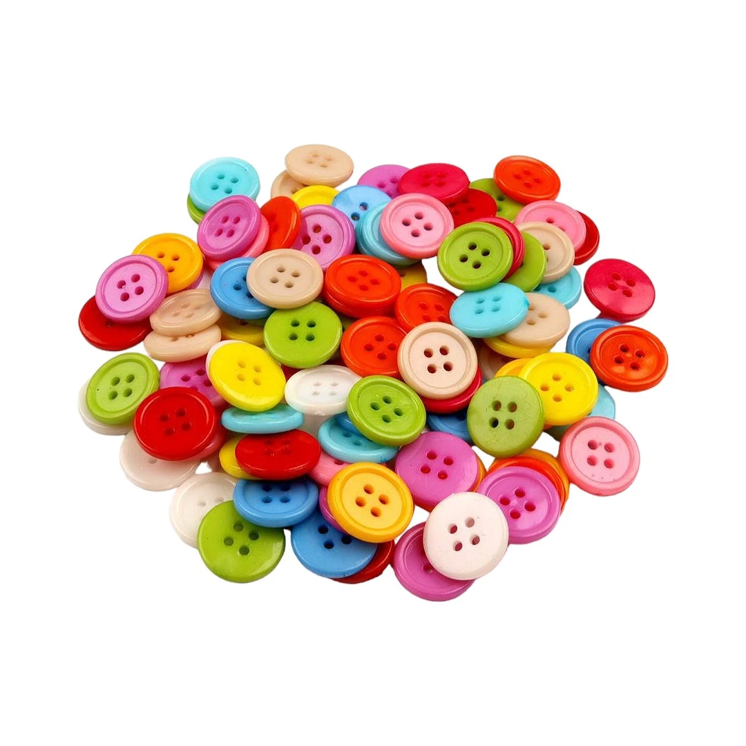 Set 100 nasturi plastic cu 4 gauri Crisalida, diametru 15 mm, marimea 24, Multicolor - 