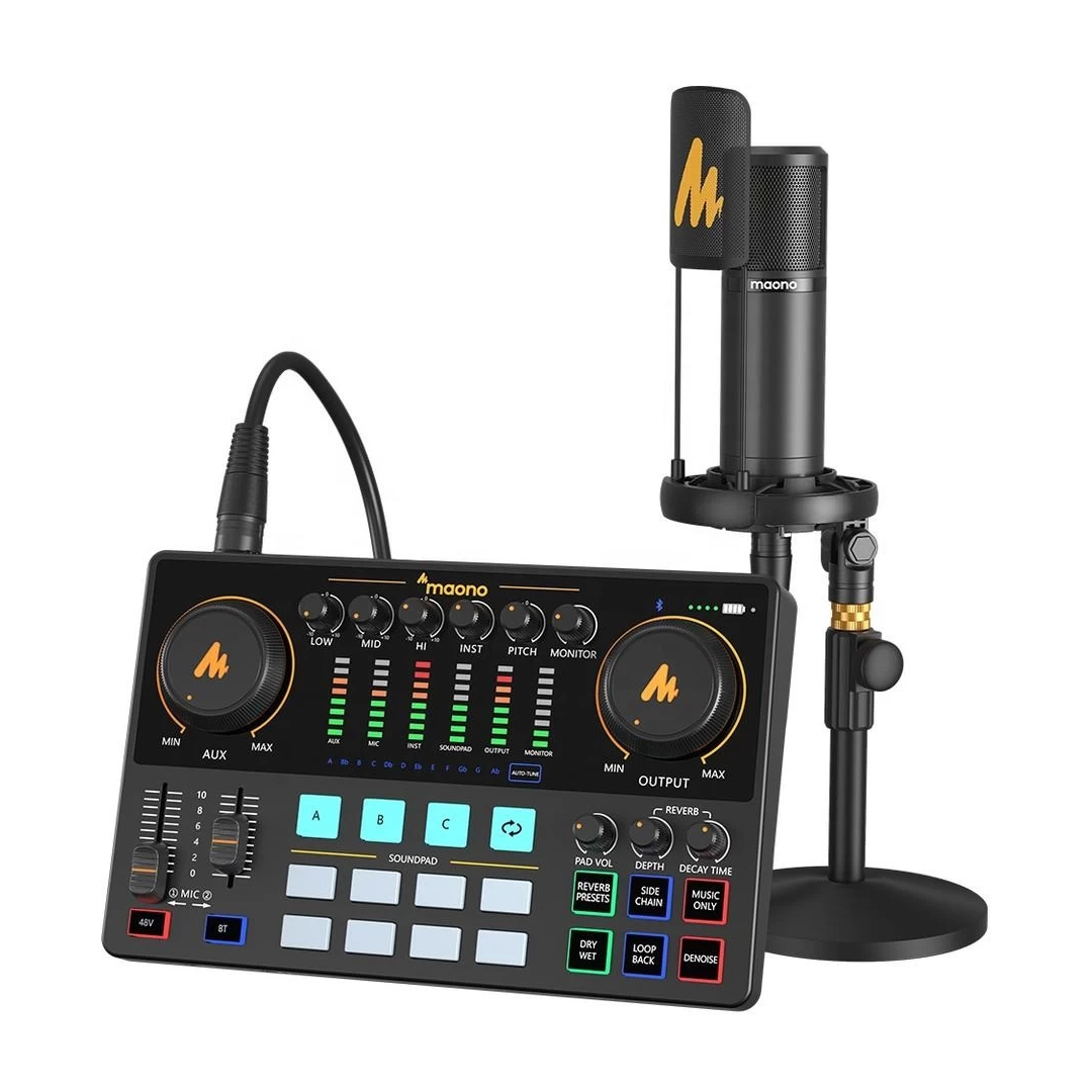 Set profesional Maono AME2A Sound card all in one, mixer, microfon XLR cardioid pentru podcast, live streaming - 