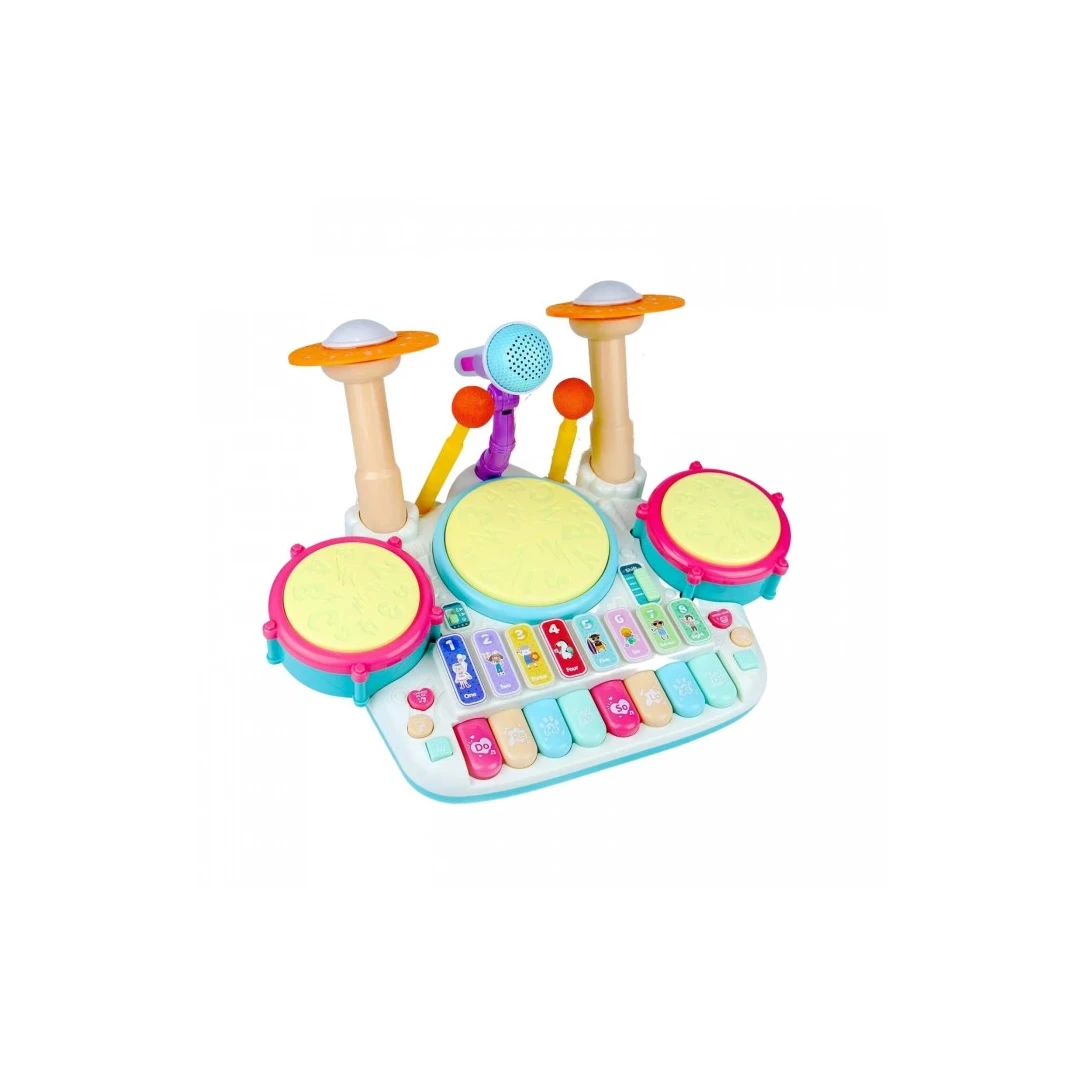 Jucarie Muzicala Pian si Toba, Microfon, pentru copii, Lumini si Sunete, 44 cm, Multicolor, - 