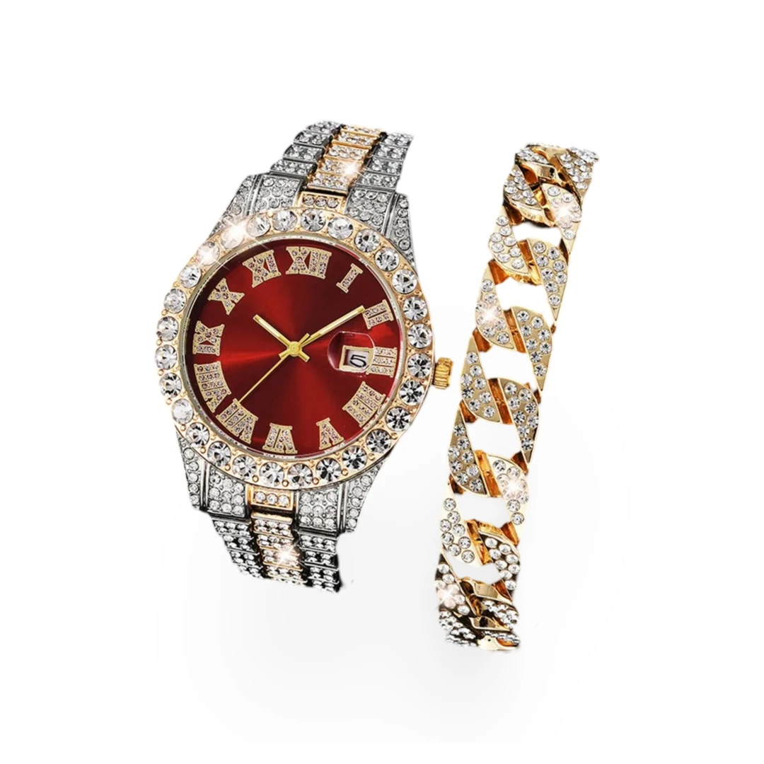 Set ceas si bratara luxury MBrands quartz, bratara inox, cristale zirconiu, afisare data - Rosu - 