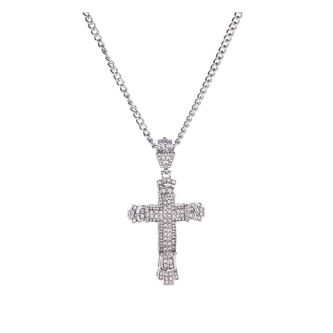 Lant cu pandantiv MBrands in forma de cruce, 8.5 x 4.5 cm, decorata cu cristale din zirconiu, argintiu - Argintiu - 
