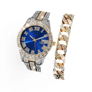 Set ceas si bratara luxury MBrands quartz, bratara inox, cristale zirconiu, afisare data - Albastru - 