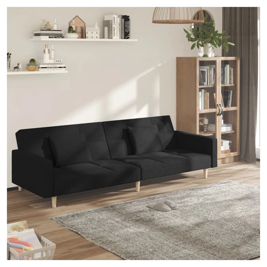 Canapea extensibilă cu 2 locuri, 2 perne, negru, textil - Această canapea extensibilă este o soluție perfectă pentru a găzdui oaspeții peste noapte, oferind în același timp un spațiu confortabil de relaxare î...