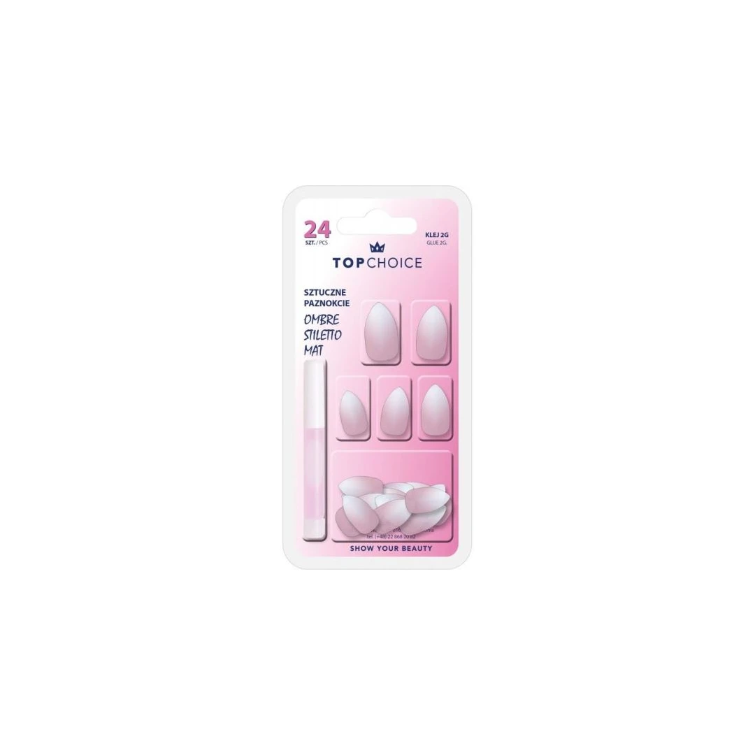 Set 24 unghii artificiale mate cu adeziv Ombre Stiletto Pink Almond Top Choice 78194 - 