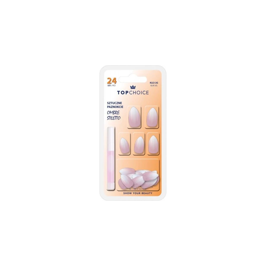 Set 24 unghii artificiale si adeziv  Ombre Stiletto Top Choice Pink Almond 78170 - 