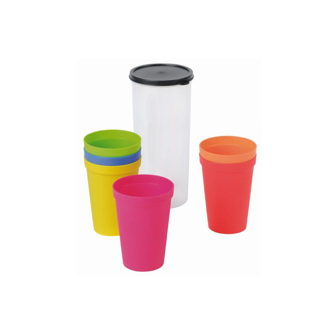 Set 6 pahare din plastic, in tub gradat cu capac, pentru picnic si camping, Multicolor - 