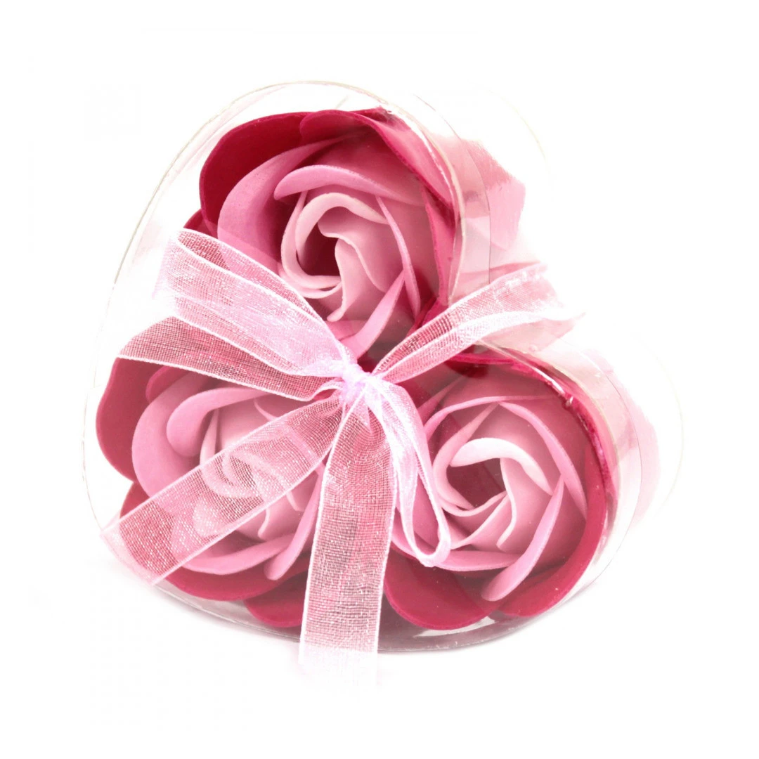 Cutie cu 3 trandafiri din sapun si fundita pentru cadou Martisor si Sf. Valentin, Roz - 