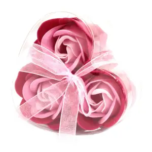 Cutie cu 3 trandafiri din sapun si fundita pentru cadou Martisor si Sf. Valentin, Roz - 