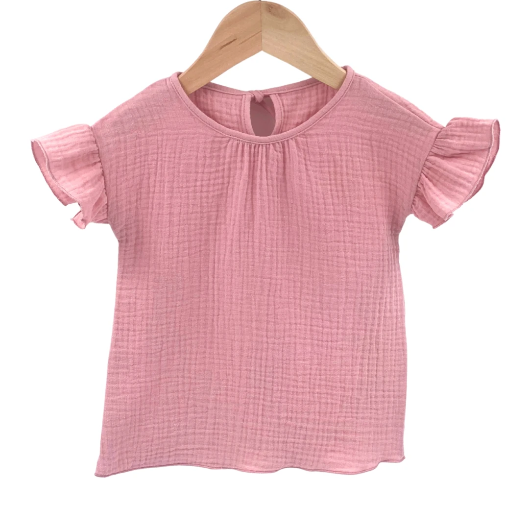 Tricou cu volanase la maneci pentru copii, din muselina, Blushing Pink  12-18 luni - 