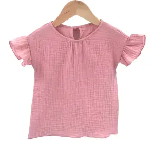 Tricou cu volanase la maneci pentru copii, din muselina, Blushing Pink  3-4 ani - 