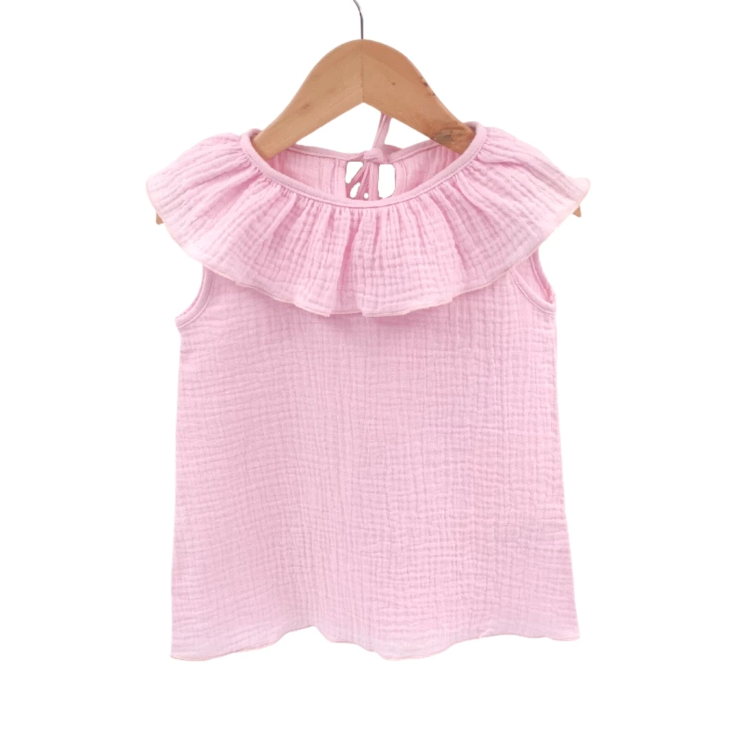 Tricou cu volanase pentru copii, din muselina, Magic Pink 2-3 ani - 