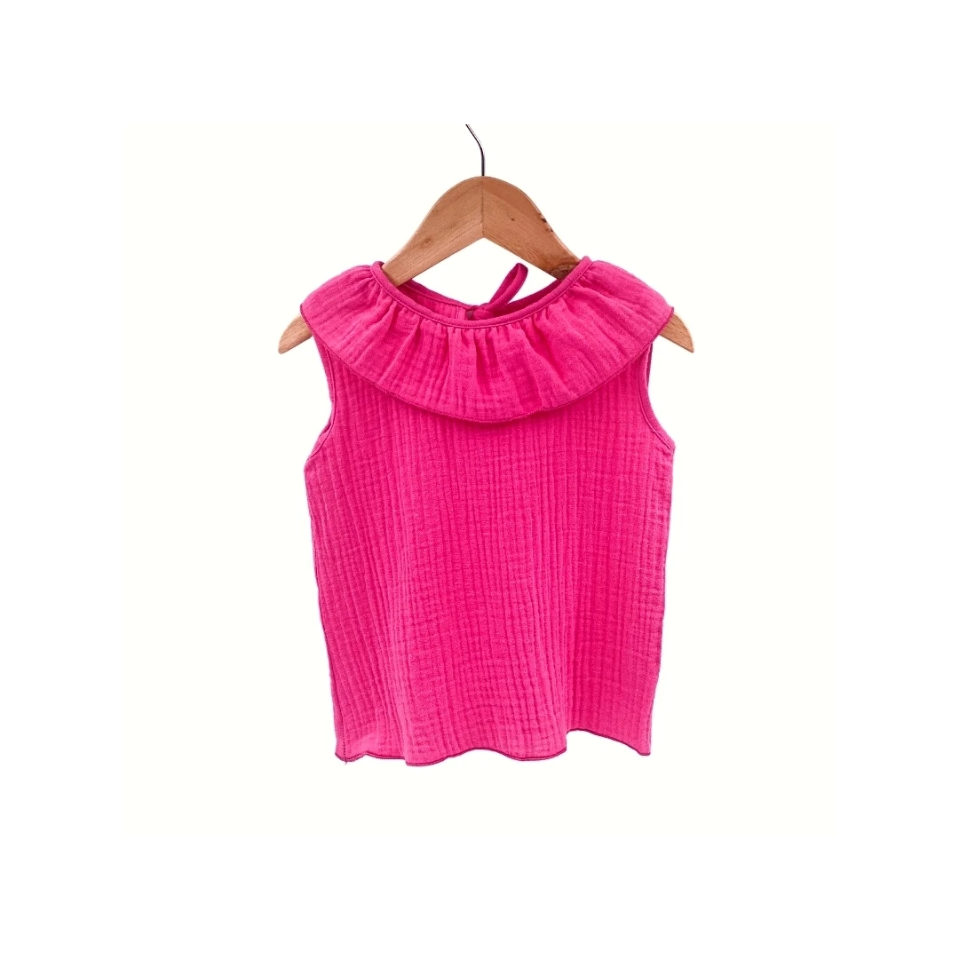 Tricou cu volanase pentru copii, din muselina, Pink Pop 3-4 ani - 