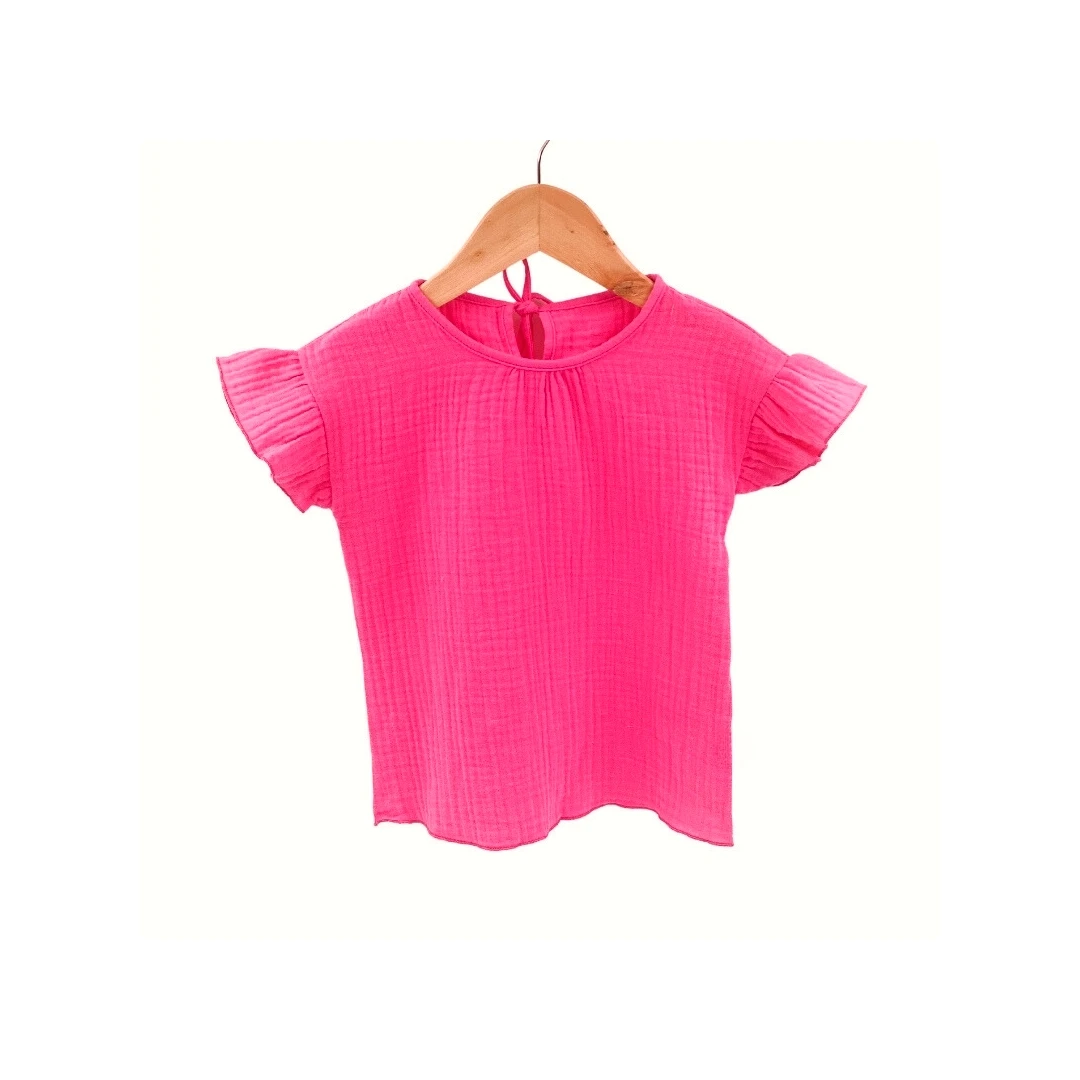 Tricou cu volanase la maneci pentru copii, din muselina, Pink Pop 12-18 luni - 